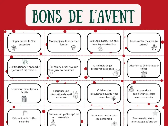 Fiche de 150 idées de bons de l'avent bienveillants pour l'éveil et l'autonomie