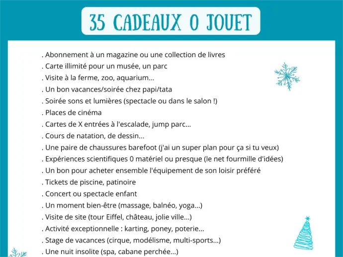 Fiche de 30 idées de bon cadeaux immatériels pour offrir des souvenirs aux enfants