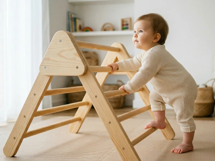 Un bébé en pleine exploration physique : grimpant en motricité libre sur une structure adaptée, une illustration des repères clairs de Naître &amp; Grandir en harmonie.